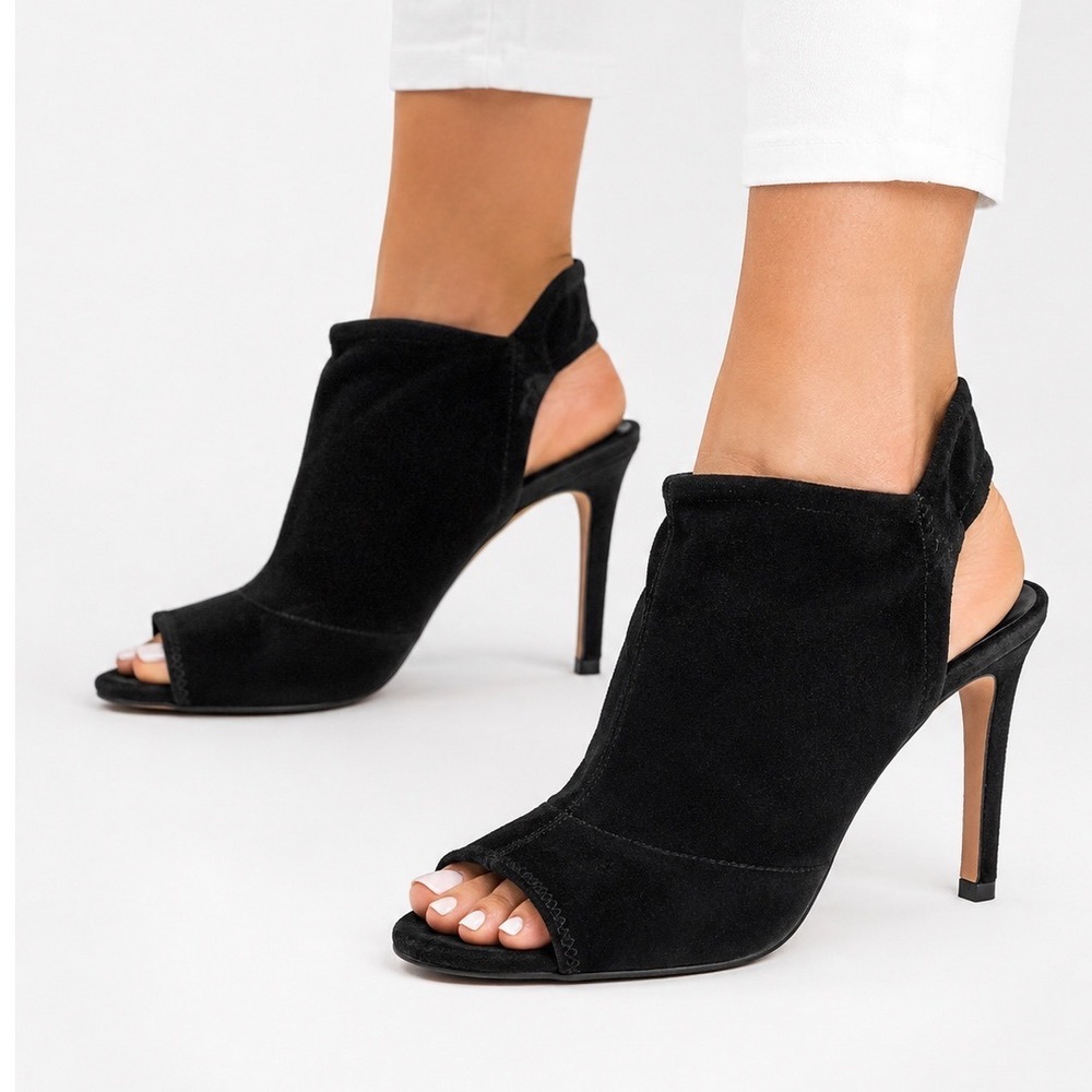 Brian Atwood Black Suede Peep Toe Slingback Stiletto Heels Women's Size 8.5
